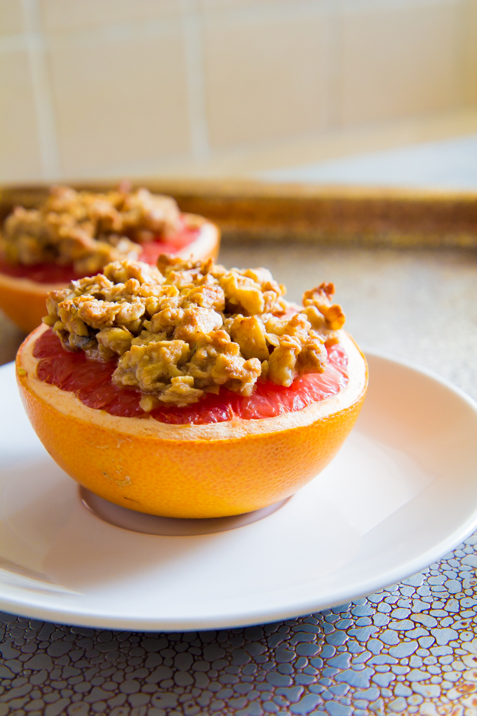 Roasted Grapefruit topped with Walnut Granola! Perfect for breakfast, brunch or snacking!