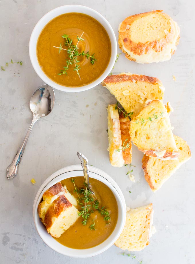 miso butternut squash soup with french toast grilled cheese. Tastes like Thanksgiving in a bowl! | immaEATthat.com