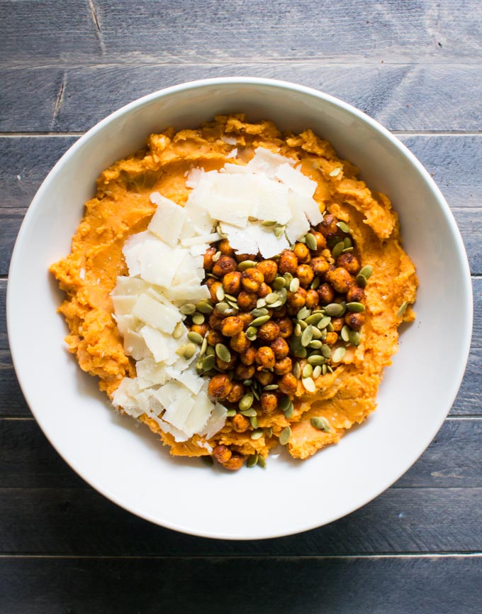 whipped parmesan sweet potatoes with spiced crispy chickpeas | immaEATthat.com