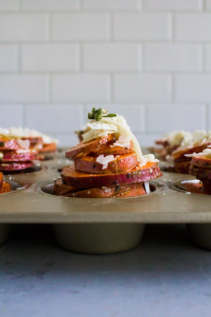 scalloped sweet potato stacks with maple vanilla bean bacon | immaEATthat.com