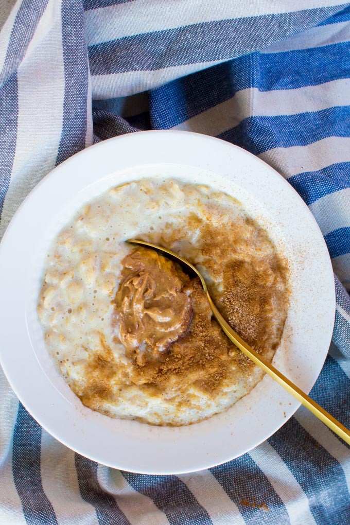 creamy banana oatmeal with almond butter and cinnamon sugar | immaEATthat.com