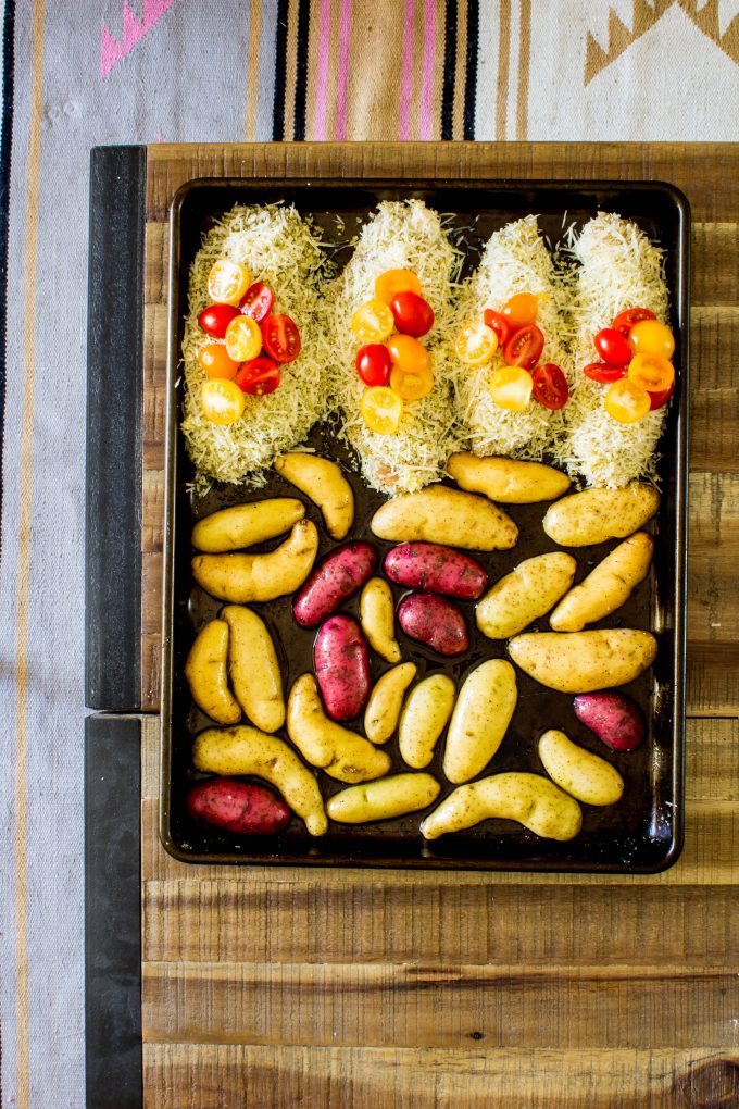 Delicious and healthy sheet pan dinner! Homemade parmesan chicken with asparagus caprese and roasted fingerling potatoes | immaEATthat.com